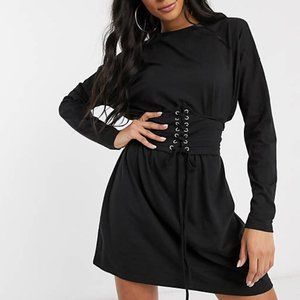 NWT! Asos Missguided Corset Detail Long Sleeve Black Tshirt Dress Size US 6 UK10